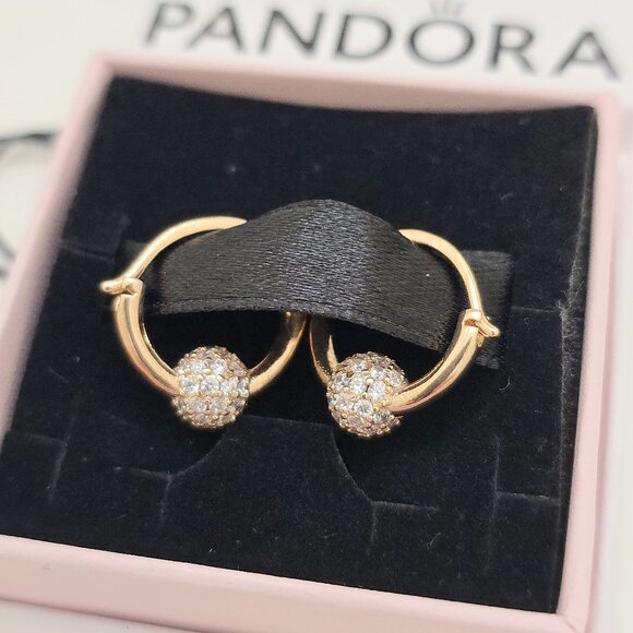 Pandora Rose Gold Plated Pave Beaded Hoop Earrings - Picture 2 of 4